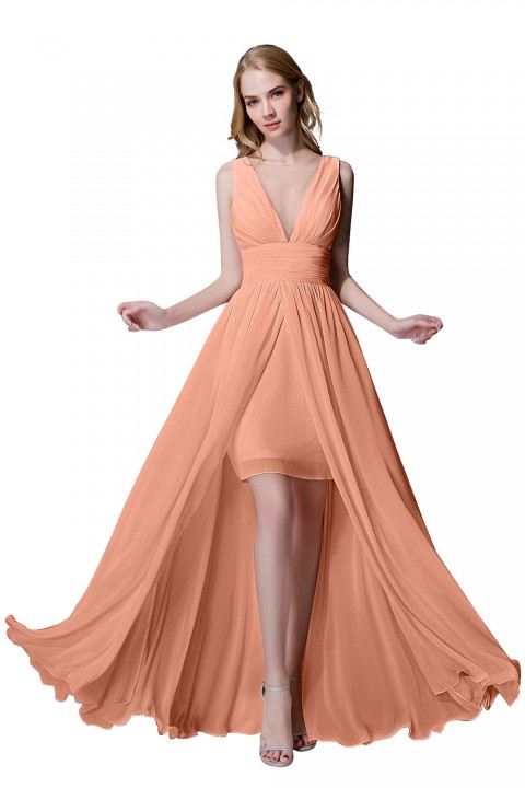 Plunging Illusion Tulle Scoop Neck High Slit Chiffon Bridesmaid Dress