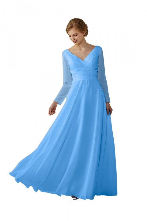 Long Sleeve Illusion Lace Back Closure V-Neck Elegant Bridesmaid Dress