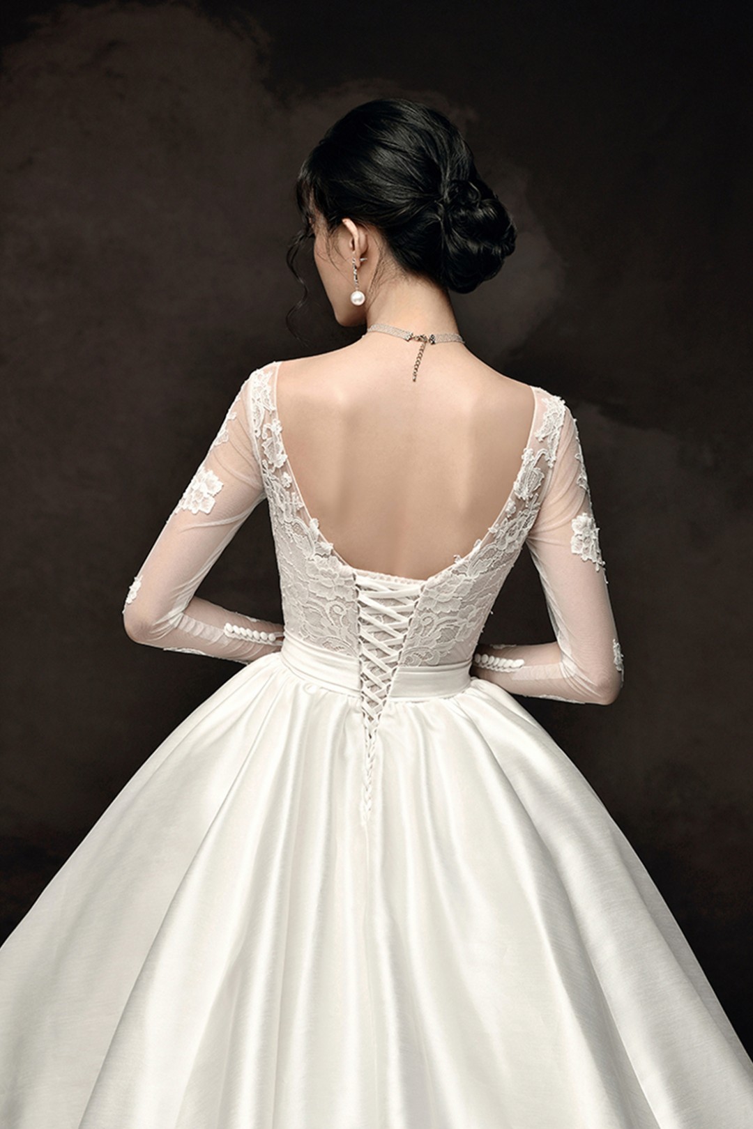 Add Corset Back To Wedding Dress Long Sleeve Corset Back Lace Bodice Satin Skirt Ball Gown Wedding Dress