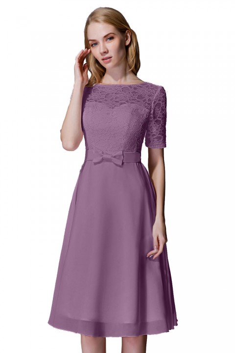 Elbow Sleeves Lace Illusion Scoop Neck Short Bridesmaid Dress with Silk Bowknot
