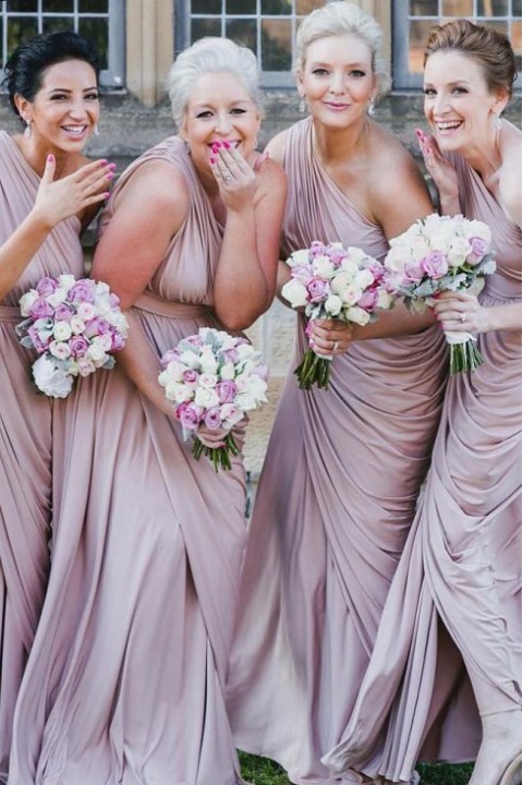 Clearance | One Shoulder Draped Side Slit Bridesmaid Dress with Belt