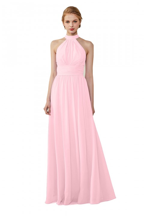 High Neck Chiffon Lace Triangle Back Halter Bridesmaid Dress