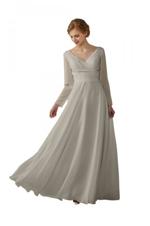 Long Sleeve Illusion Lace Back Closure V-Neck Elegant Bridesmaid Dress