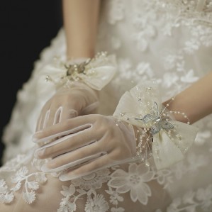 White Lace Satin Bow Bridal Wedding Soft Tulle Finger Short Gloves SS3 