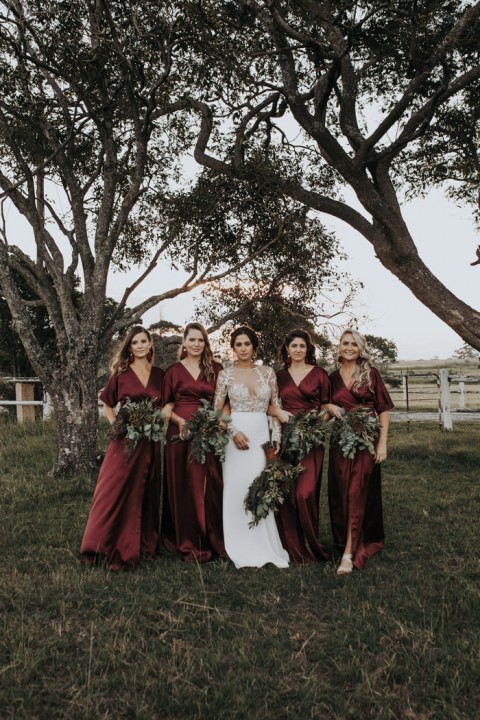 V Neck Short Sleeve Tied Waist Satin Bridesmaid Dress with High Split