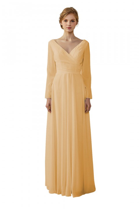 Long Sleeve Illusion Lace Back Closure V-Neck Elegant Bridesmaid Dress