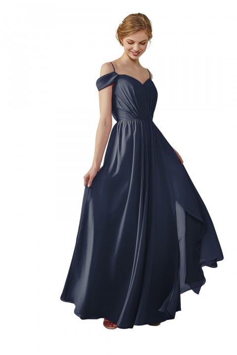 A Line Cold Shoulder Spaghetti Straps Chiffon Bridesmaid Dress with Slit