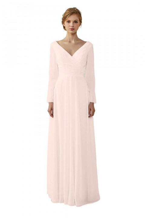 Long Sleeve Illusion Lace Back Closure V-Neck Elegant Bridesmaid Dress