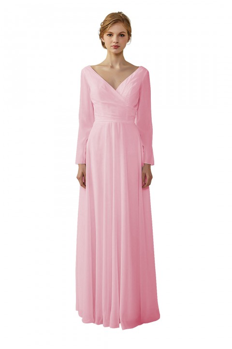 Long Sleeve Illusion Lace Back Closure V-Neck Elegant Bridesmaid Dress