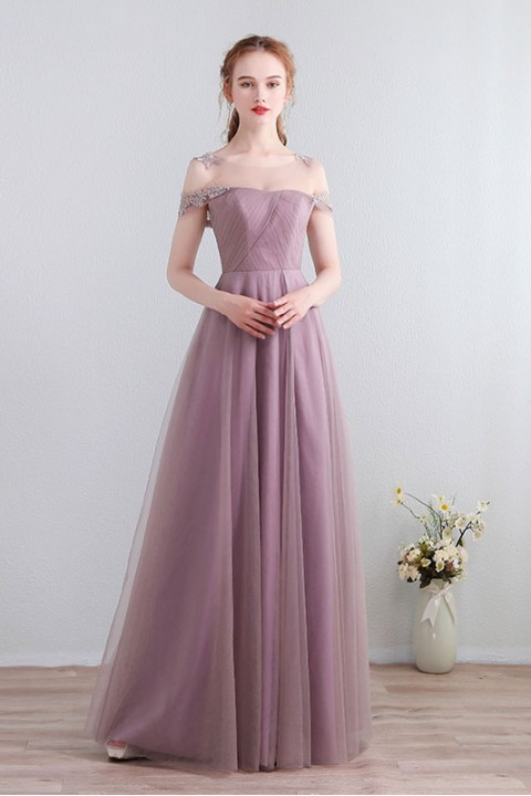Clearance | Lace Illusion Scoop Neckline Cold Shoulder Tulle Bridesmaid Dress with Open Back