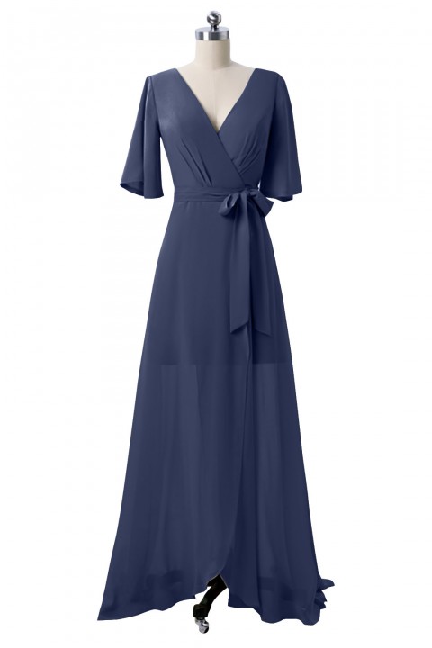 V Neck and Back Tied Waist Ruffled Hem Chiffon Bridesmaid Dress with Side Slit