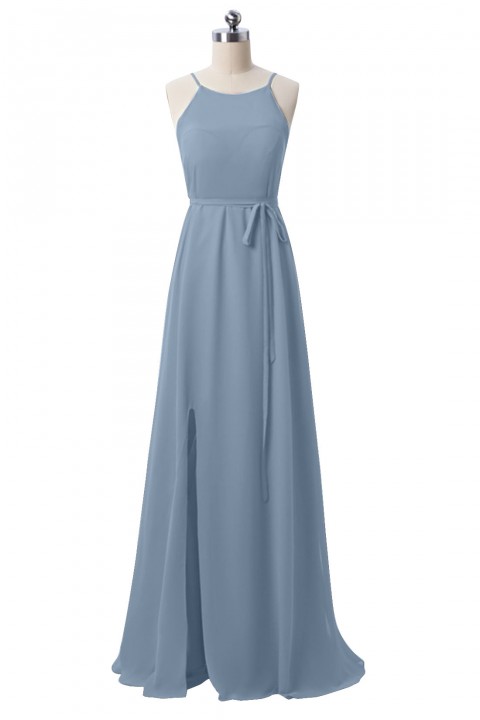 Spaghetti Straps Halter Neckline Open Back Bodice Side Slit Skirt Bridesmaid Dress with Adjustable Belt