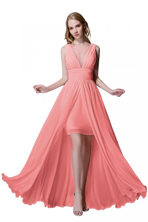 Plunging Illusion Tulle Scoop Neck High Slit Chiffon Bridesmaid Dress