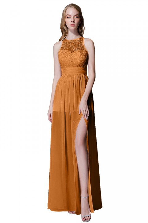 Illusion Lace Neck & Back Scoop Side Slit Bridesmaid Dress