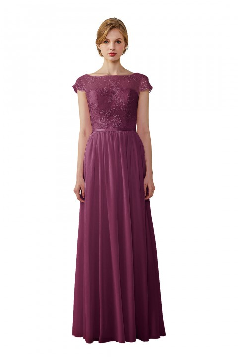 Cap Sleeves Lace Illusion Back Scoop Neckline Bridesmaid Dress