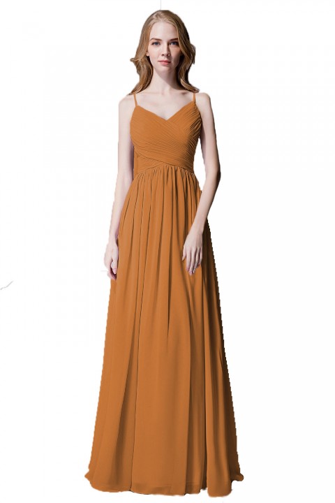 Spaghetti Straps Pleated Chiffon Bridesmaid Dress with Lace Open Back
