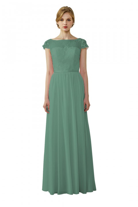 Cap Sleeves Lace Illusion Back Scoop Neckline Bridesmaid Dress