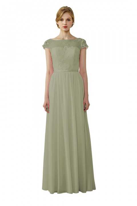 Cap Sleeves Lace Illusion Back Scoop Neckline Bridesmaid Dress