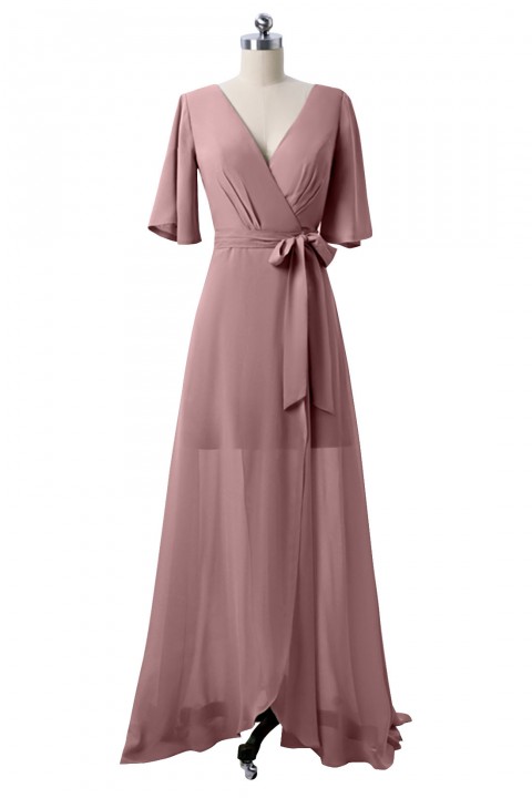 V Neck and Back Tied Waist Ruffled Hem Chiffon Bridesmaid Dress with Side Slit