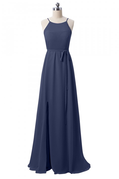 Spaghetti Straps Halter Neckline Open Back Bodice Side Slit Skirt Bridesmaid Dress with Adjustable Belt