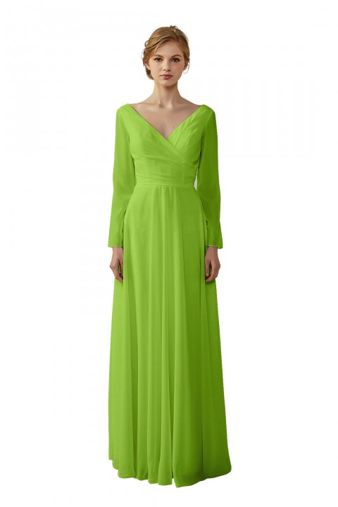 Long Sleeve Illusion Lace Back Closure V-Neck Elegant Bridesmaid Dress
