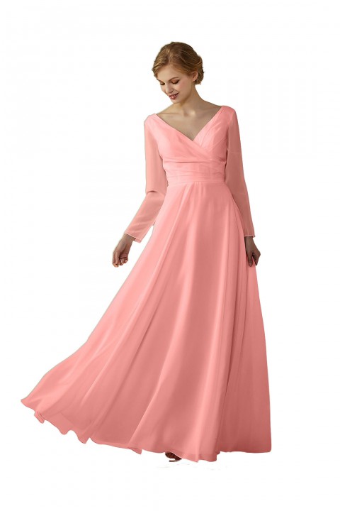 Long Sleeve Illusion Lace Back Closure V-Neck Elegant Bridesmaid Dress