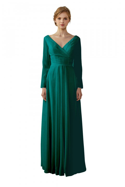 Long Sleeve Illusion Lace Back Closure V-Neck Elegant Bridesmaid Dress