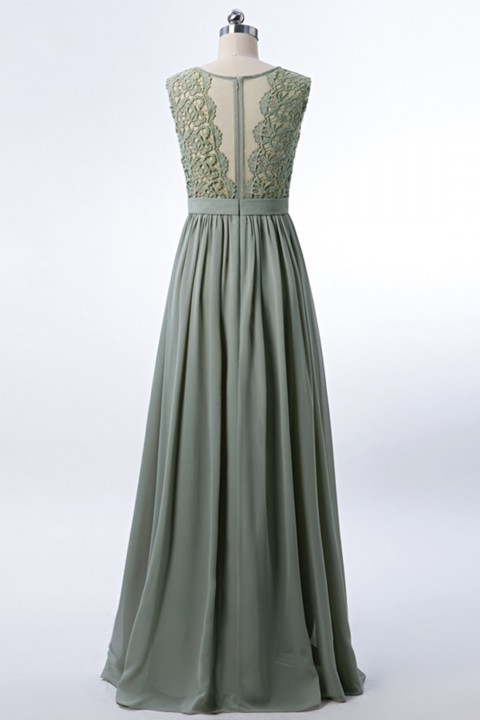 Clearance | Lace Scoop Illusion Back A-Line Chiffon Bridesmaid Dress Long