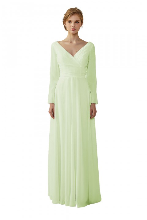 Long Sleeve Illusion Lace Back Closure V-Neck Elegant Bridesmaid Dress