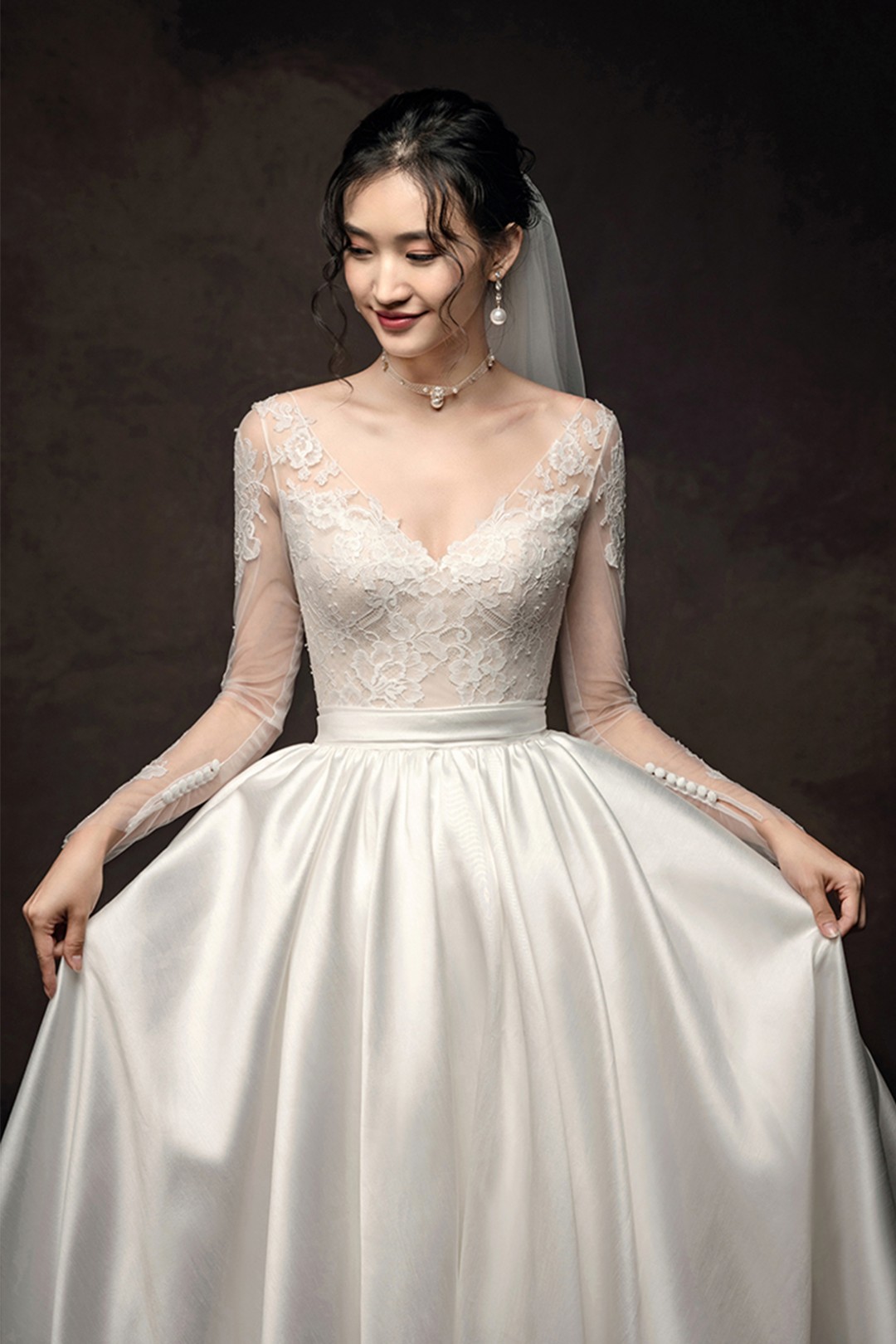 Long Sleeve Corset Back Lace Bodice Satin Skirt Ball Gown Wedding Dress ...