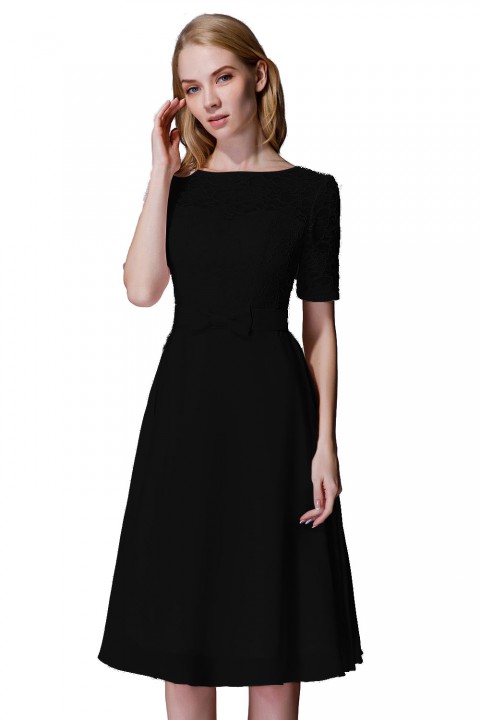Elbow Sleeves Lace Illusion Scoop Neck Short Bridesmaid Dress with Silk Bowknot
