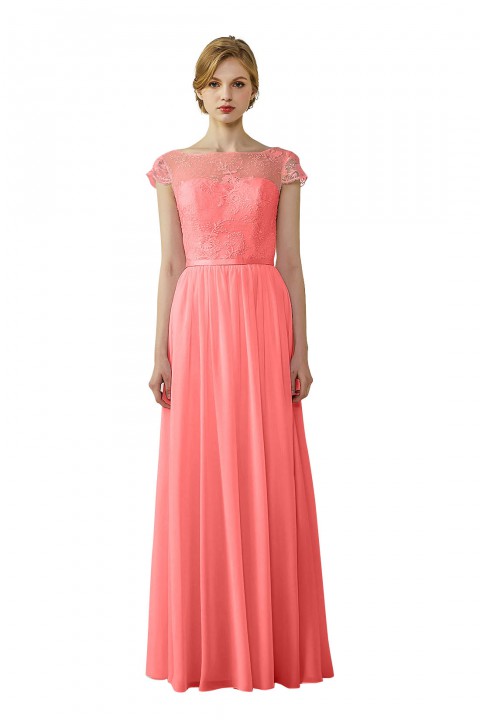Cap Sleeves Lace Illusion Back Scoop Neckline Bridesmaid Dress