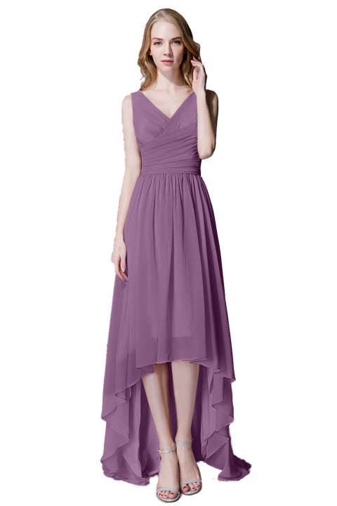 Romantic High-Low V-Neck Chiffon Ruched Bridesmaid Dress