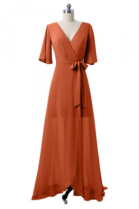 V Neck and Back Tied Waist Ruffled Hem Chiffon Bridesmaid Dress with Side Slit