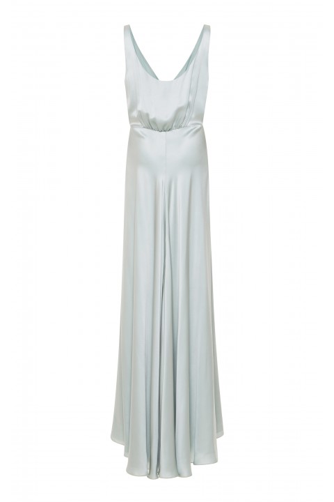 Deep V Neck Scoop Back Plunging Button Up Luxe Satin Long Bridesmaid Dress with Slit