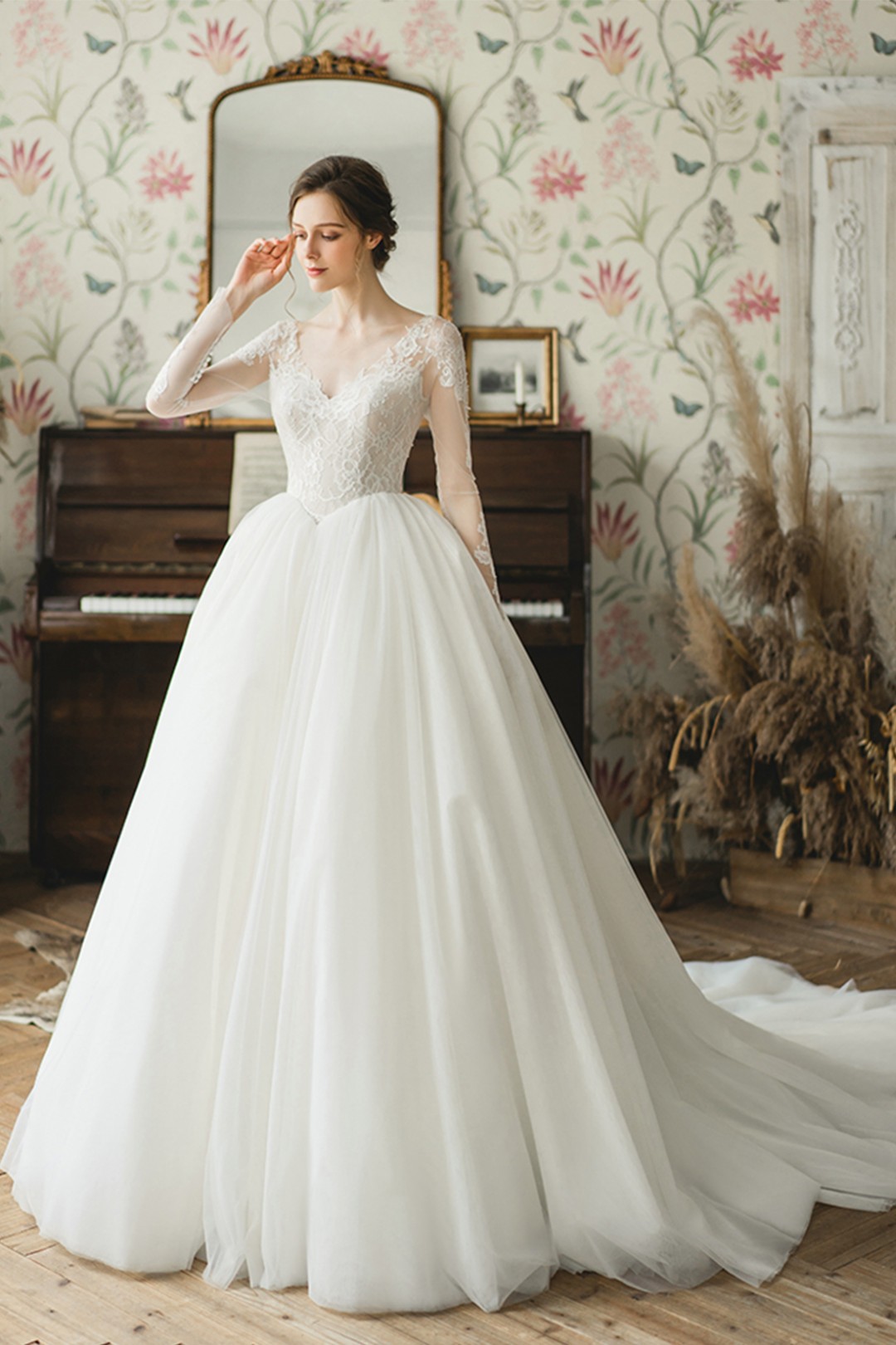 long sleeve lace wedding dress with tulle skirt