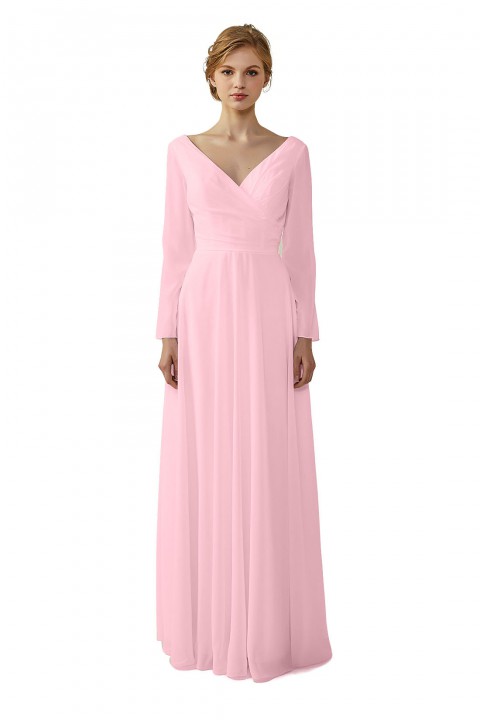Long Sleeve Illusion Lace Back Closure V-Neck Elegant Bridesmaid Dress
