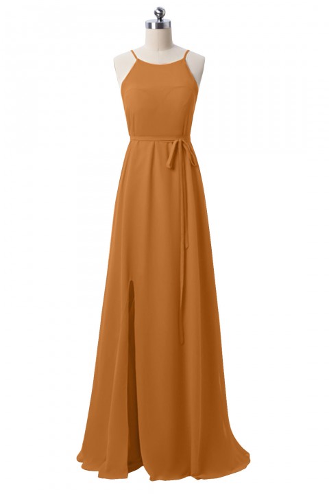 Spaghetti Straps Halter Neckline Open Back Bodice Side Slit Skirt Bridesmaid Dress with Adjustable Belt
