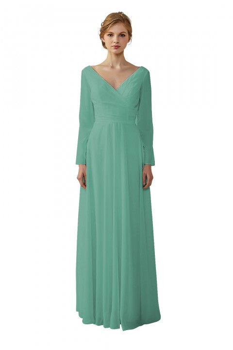 Long Sleeve Illusion Lace Back Closure V-Neck Elegant Bridesmaid Dress