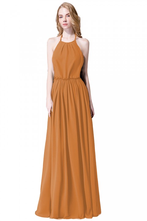 Halter Spaghetti Strap Open Back Chiffon Bridesmaid Dress with Sash