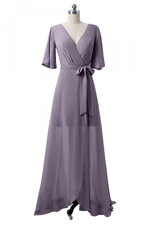 V Neck and Back Tied Waist Ruffled Hem Chiffon Bridesmaid Dress with Side Slit