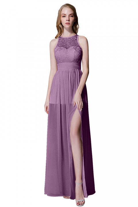Illusion Lace Neck & Back Scoop Side Slit Bridesmaid Dress