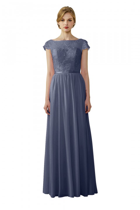 Cap Sleeves Lace Illusion Back Scoop Neckline Bridesmaid Dress