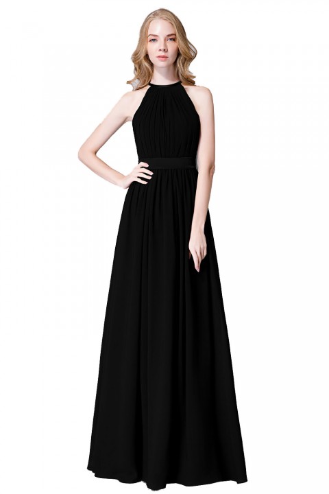 High Neck Halter Pleated Bodice Chiffon Bridesmaid Dress Long