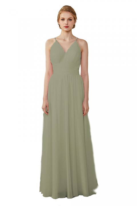 Spaghetti Straps V-Neck Bridesmaid Dress Open Back with Triangle Lace Detail