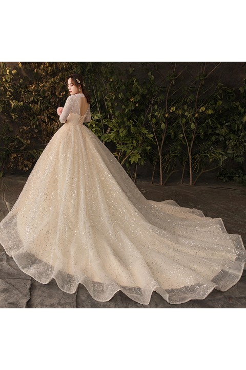 Princess Bridal Gowns Deep V-Neck Lace Long Train Beaded Wedding Dresses Plus SZ 