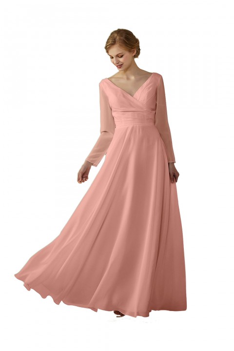Long Sleeve Illusion Lace Back Closure V-Neck Elegant Bridesmaid Dress