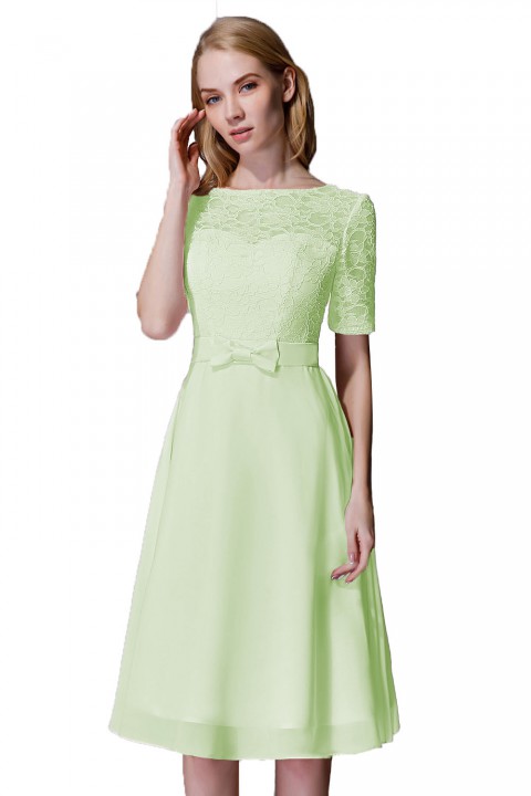 Elbow Sleeves Lace Illusion Scoop Neck Short Bridesmaid Dress with Silk Bowknot