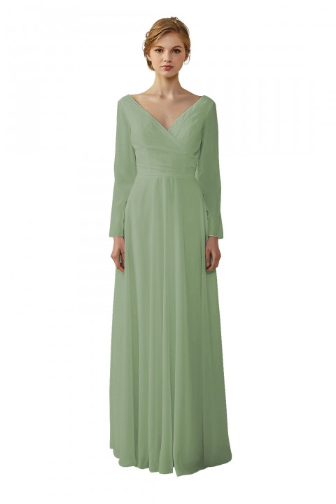 Long Sleeve Illusion Lace Back Closure V-Neck Elegant Bridesmaid Dress