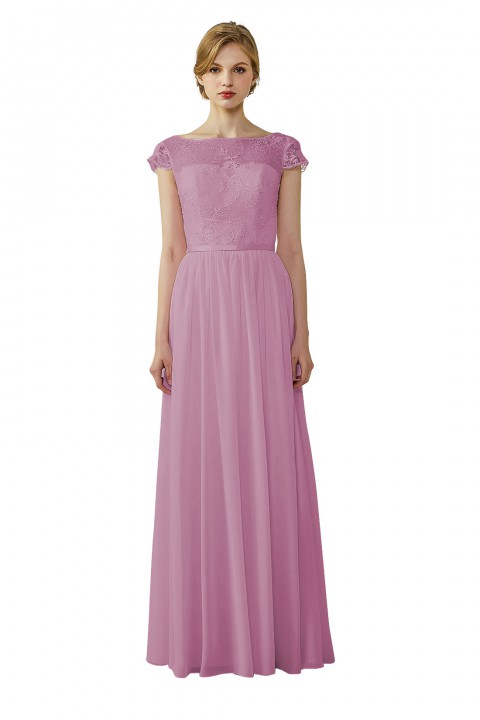 Cap Sleeves Lace Illusion Back Scoop Neckline Bridesmaid Dress